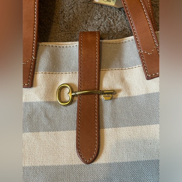 NWT Austin Shopper Gray Stripe Women’s Tote Shoulder Bag Cow Hide Leather Brass - Picture 8 of 12